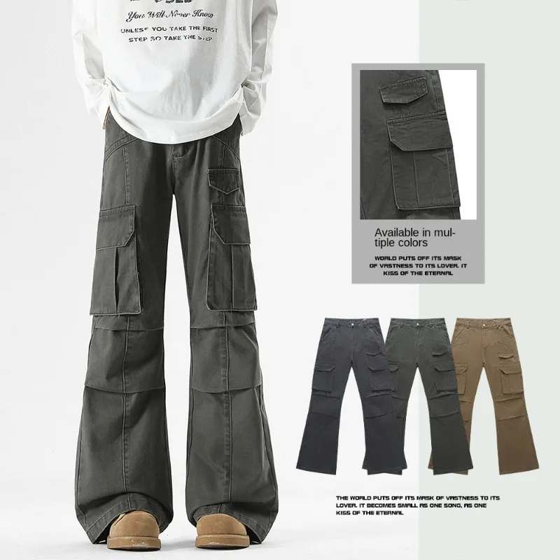 OIQERE Mens Height Enhancing Micro Flare Cargo Jeans Stylish Multi Pockets Washed Design Casual Streetwear Denim Long Trousers