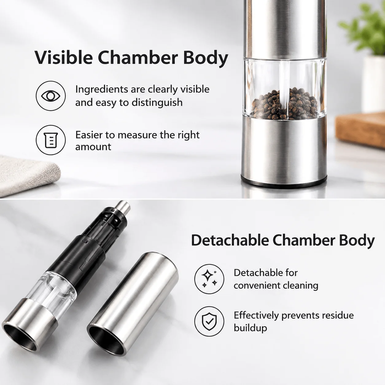Electric Salt and Pepper Grinder, Adjustable Ceramic Core, Built-In Seasoning Light, ABS and Stainless Steel, Four AA Battery Power, for Pepper, Salt, Cumin and Kitchen Seasoning, 22.5 x 5.2cm, black, white, red or silver