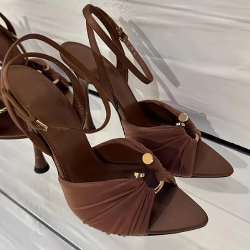 

Khaki Metal Buckles Pointed Toe Stilettos Sandals Woman Summer 2025 Black Open Toe Slingback High Heels Shoes for Women