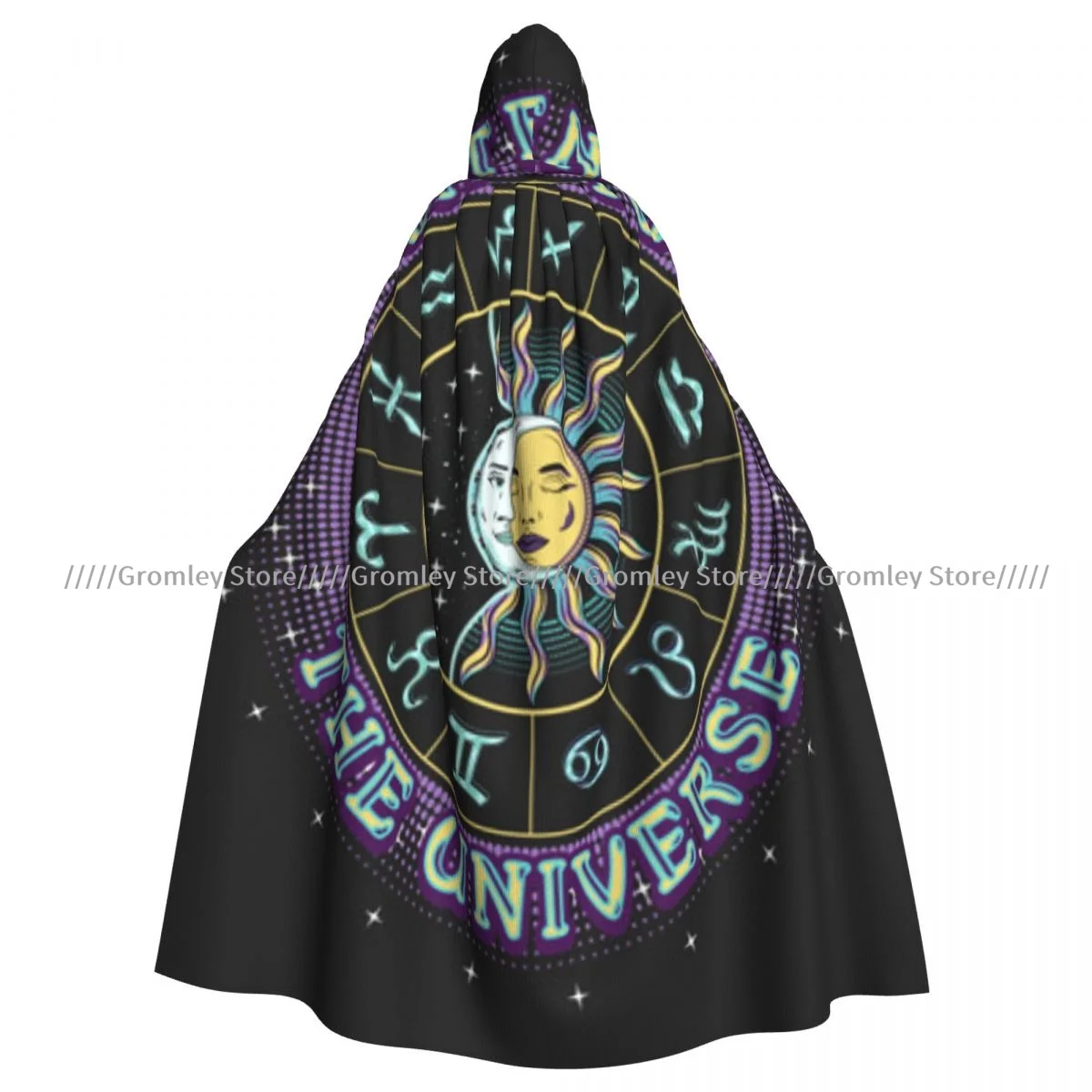 Unisex Halloween Cloak Circular Label With Zodiac Wheel Cape Hooded Medieval Costume Witch Wicca Vampire