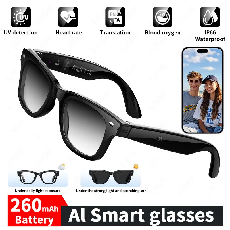 

LIGE New Smart Glasses AI Translation UV Detection Heart Rate Blood Oxygen Health Monitor Voice Recording Waterproof Sunglasses