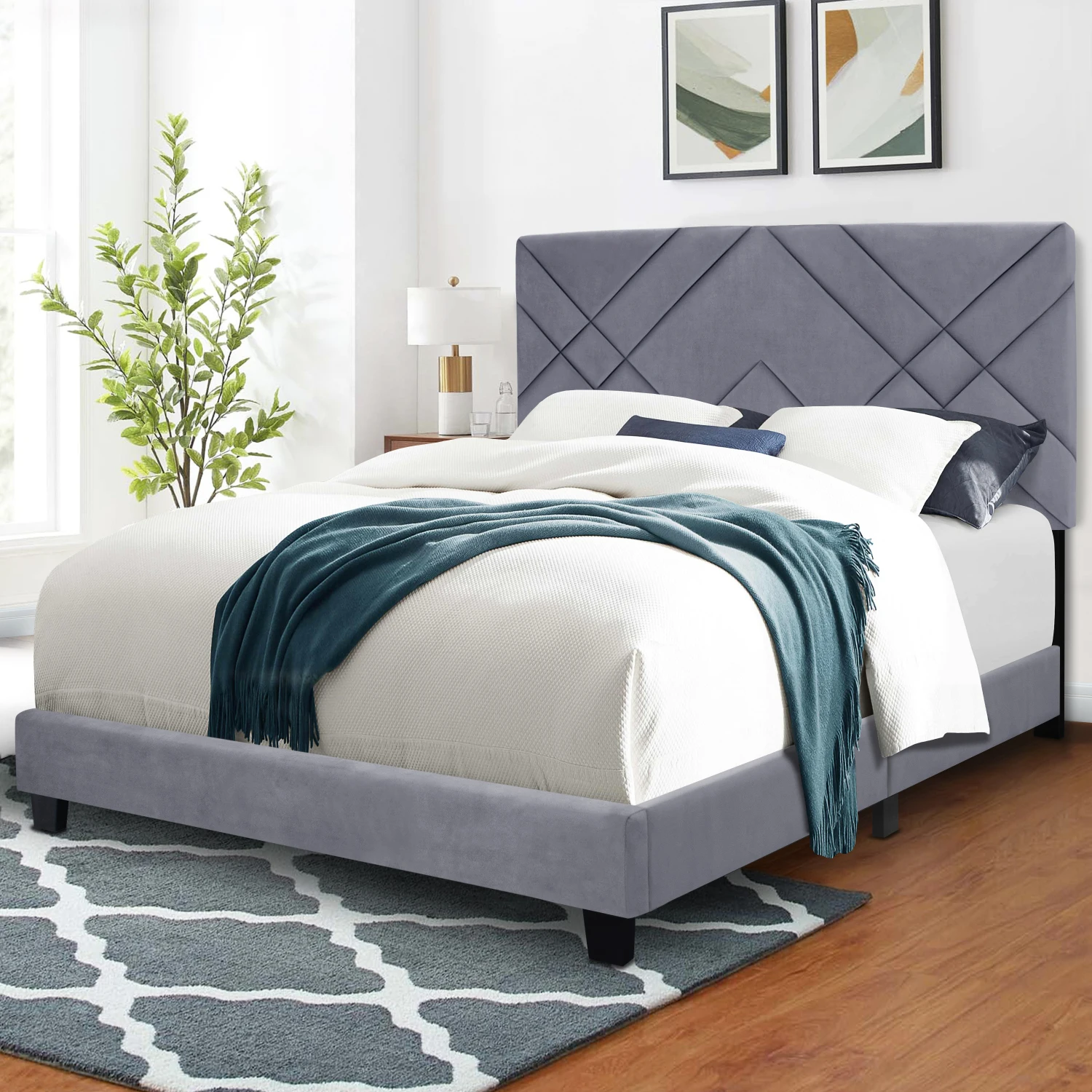 GRAY COLLECTION QUEEN SIZE UPHOLSTERED HEADBOARD ADJUSTABLE BED FRAME VELVET FABRIC HOT STYLE SUPER POPULAR SERIES