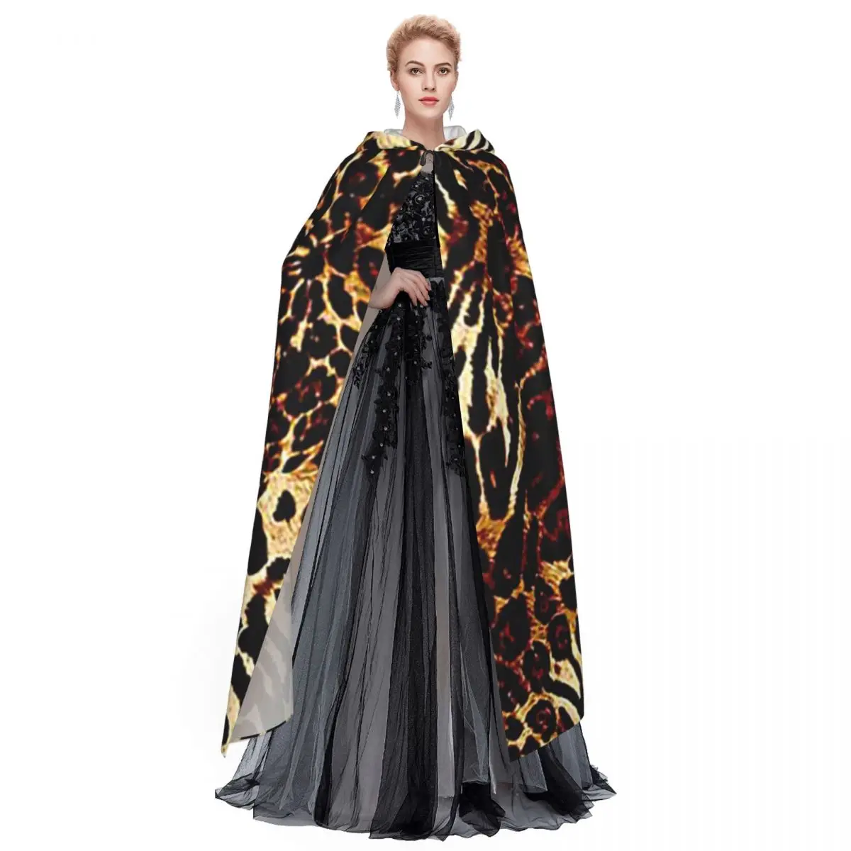 leopard skin Long Hooded Cloak Witch Medieval Costume Cosplay Cape HalloweenParty Adult Unisex