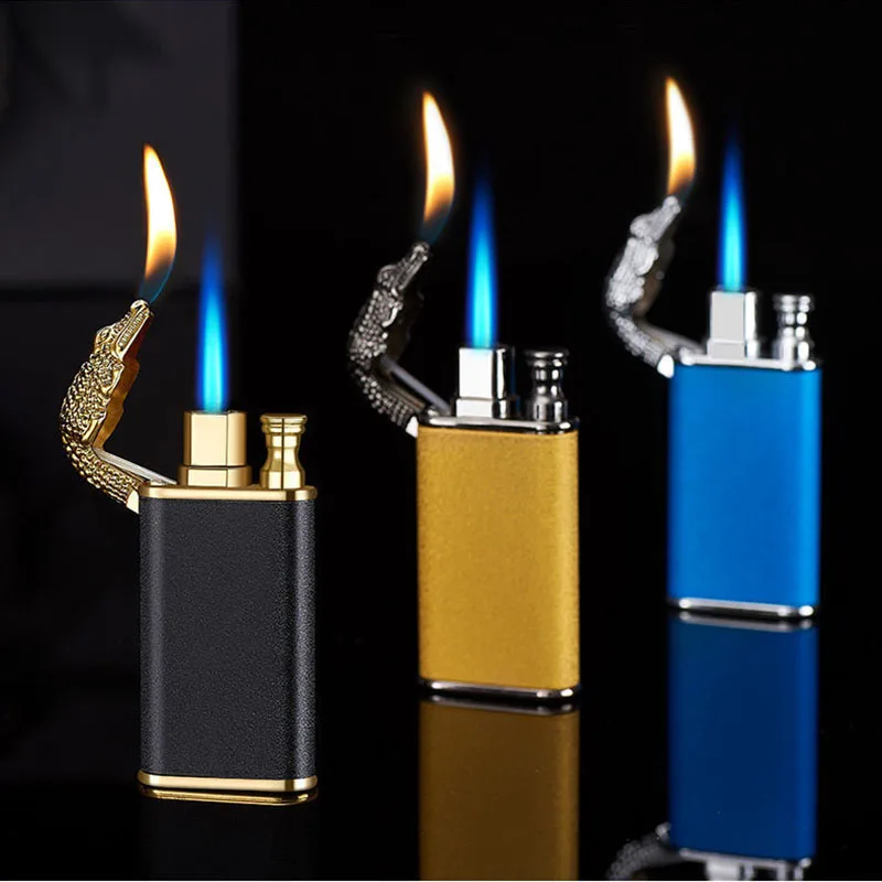 Hot Turbo Windproof Butane Gas Blue Flame High Power Metal Lighter Outdoor LED Light Barbecue Kitchen Cigar Lighter Men\'s Gifts