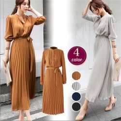 2022 Spring New Style Waist Slimming Ladies Temperament  Skirt Chiffon Long-Sleeved Pleated Dress