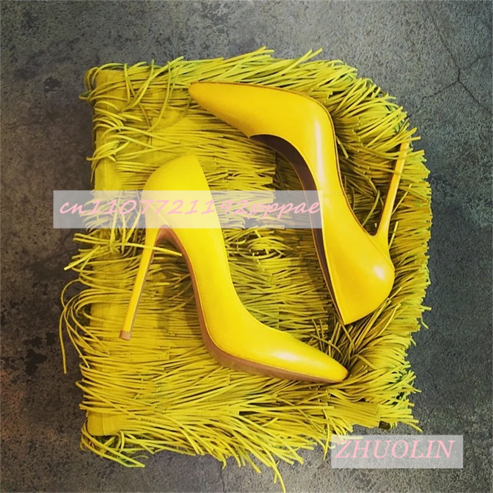 

2026 Новые желтые кожаные туфли-лодочки с острым носком на шпильке 8/10/12 см, модные вечерние туфли на высоком каблуке с низким вырезом, большой размер 46