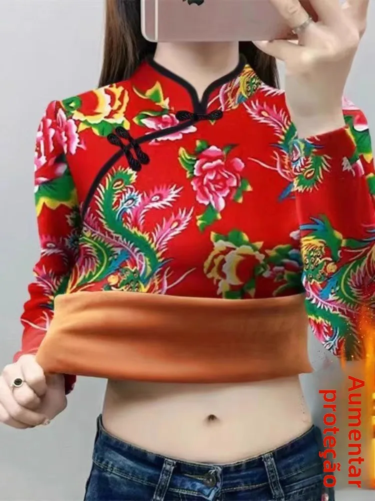 厚手のフリース裏地付き冬用ベースレイヤー、大きな花柄プリント、暖かいネックカバー、韓国風ファッショナブルなスモールトップピン