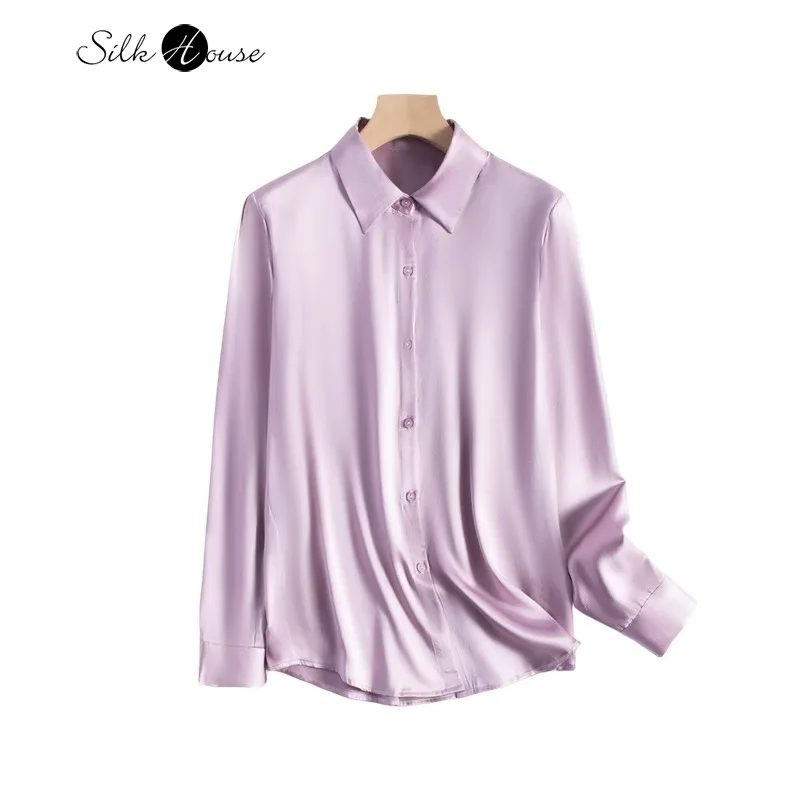 

35MM Heavyweight 100% Natural Mulberry Silk Plain Satin Lapel OL Style Gray Pink Purple Casual Women's Long Sleeved Shirt