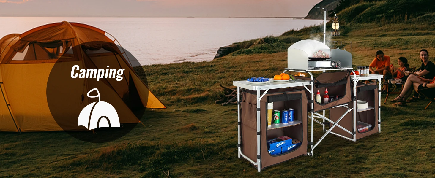 SucceBuy Camping Kitchen Table Folding Outdoor Cooking Table W/ Storage Carrying Bag Aluminum Cook Station 3 Cupboard Windscreen