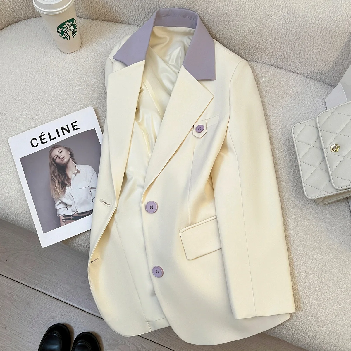 

Off White Super Beautiful Spliced Suit Jacket for Women in The Spring of 2025, with A High-end Casual Suit Temperament