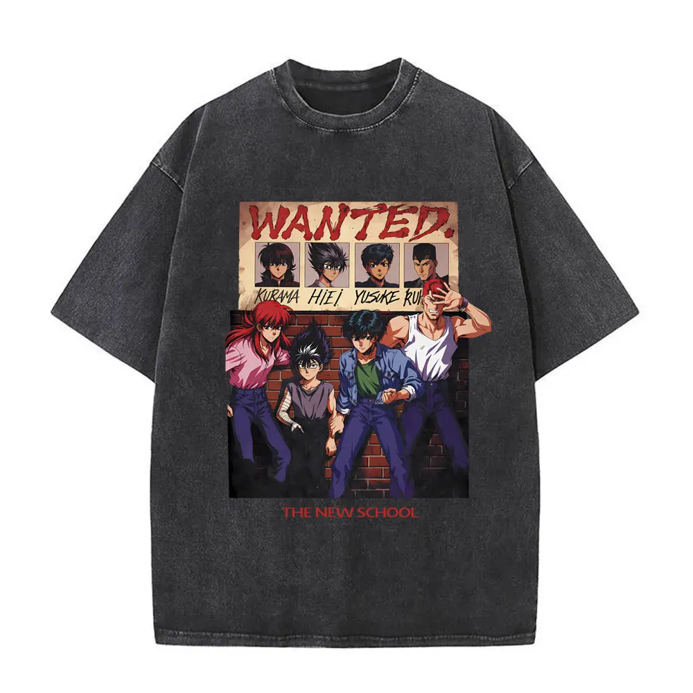 

Wanted YuYu Hakusho Kurama Hiei Yusuke Kuwabara Vintage Washed T Shirt Men Anime Cartoon Oversized T-shirt Male Retro T-shirts
