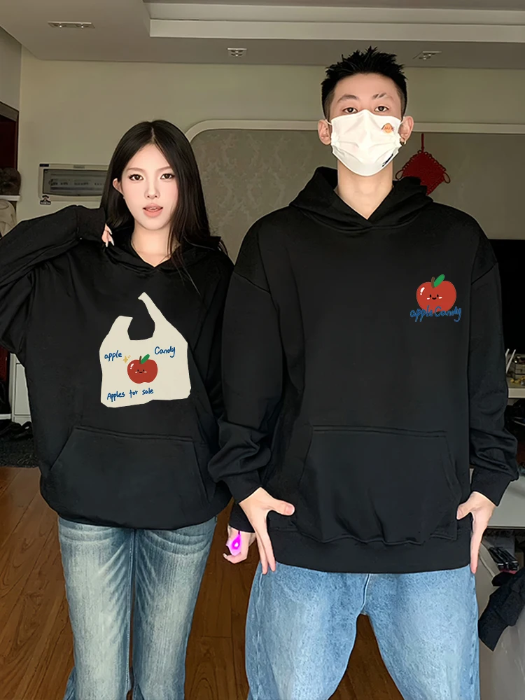 Tote Bag Apple Pattern Couple Sweatshirts Spring and Autumn 2024 New Simple Trend Hoodies