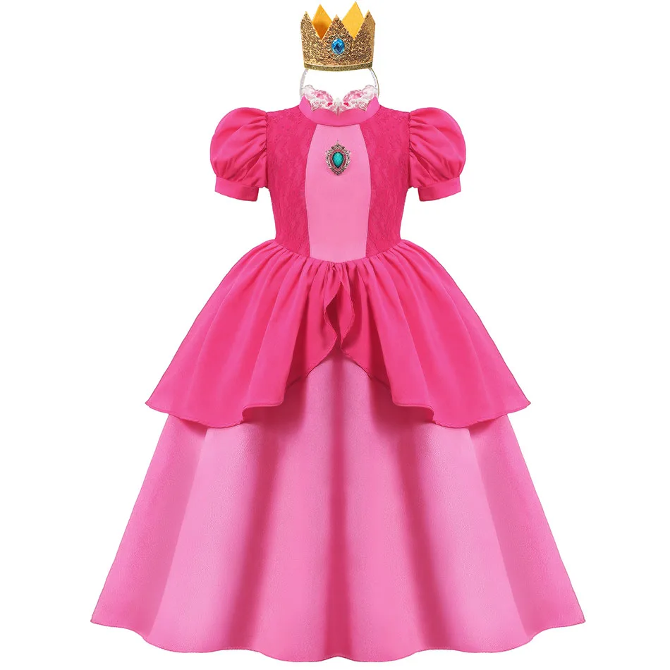 Princess Peach Costume for Girls Classic Pink Dress Cosplay Halloween Party Dress Up Kids Birthday Outfit 2-10 Years