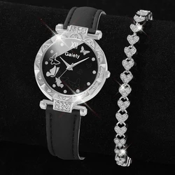 2PCS/Set Women Black Watch PU Polyurethane Strap Watch Circular Dial Quartz Wristwatch Bright Diamond Bracelet Set Gift For Her