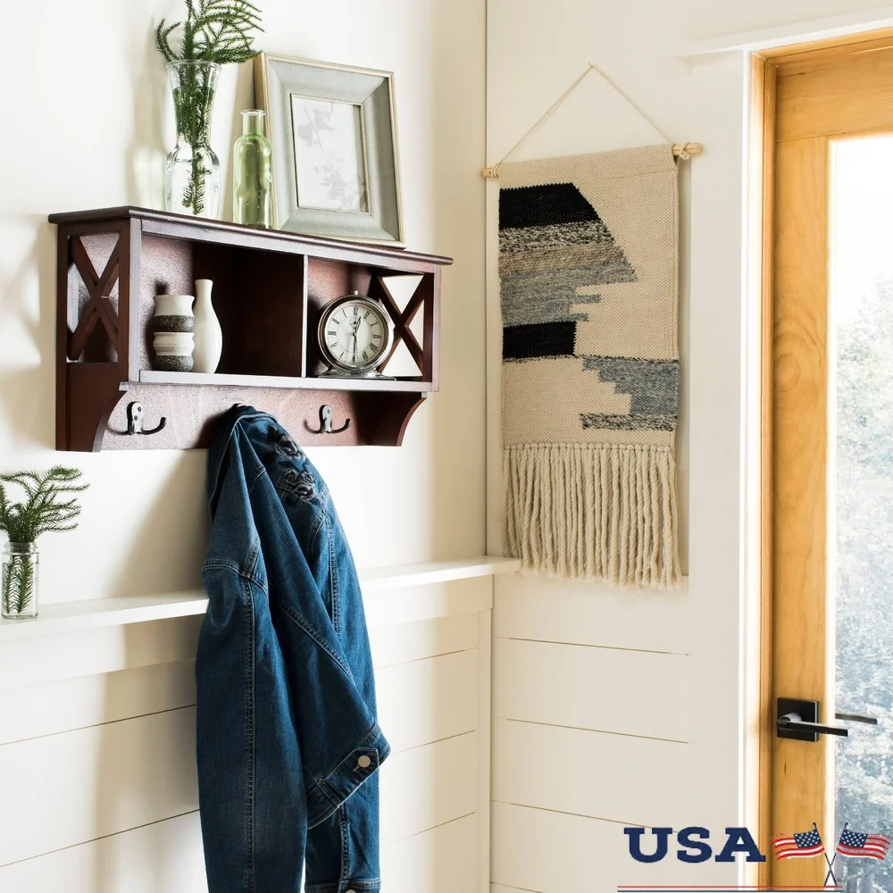 

Hanging Storage Wall Rack Cherry Finish Open Compartment Wall Organizer with Hooks Entryway Kitchen Mudroom Indoor Use