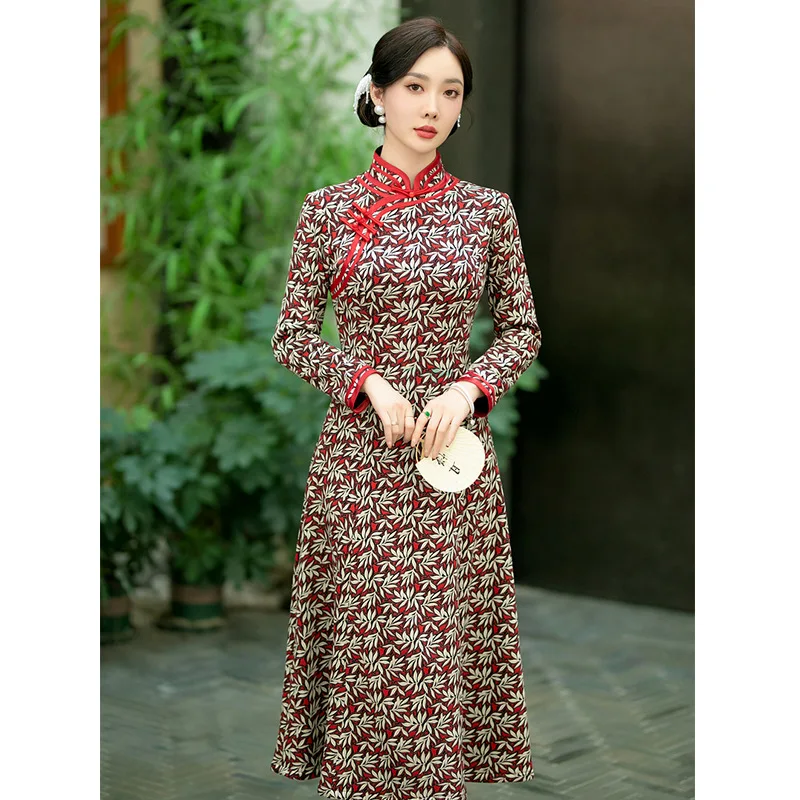 

Plus Size Vintage Improved Cheongsam Fashion Mom Elegant Slim Fit Qipao Traditional Chinese Dress Autumn Winter Printed Vestidos