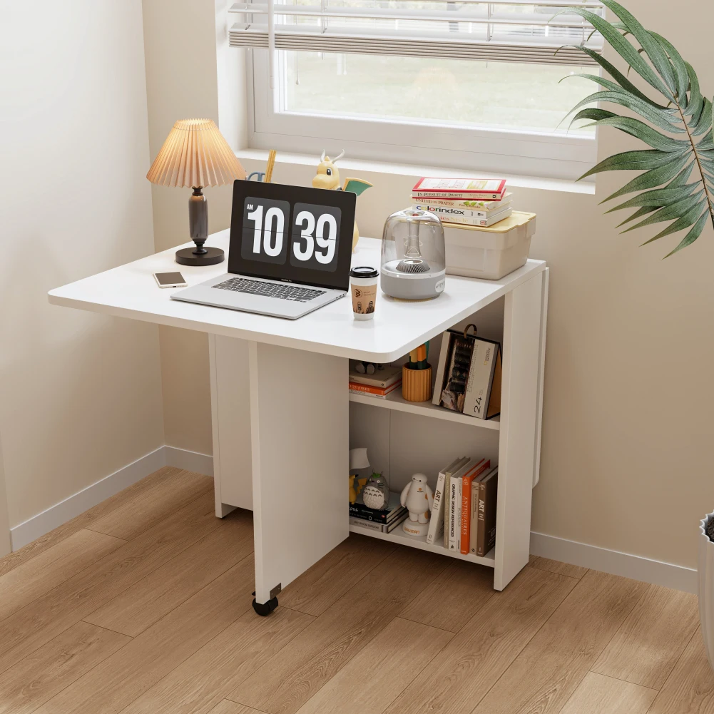 Mesa de comedor plegable que ahorra espacio con estante de almacenamiento de 2 niveles, mesa de cocina expandible con ruedas, mesa de cocina de madera con hojas abatibles