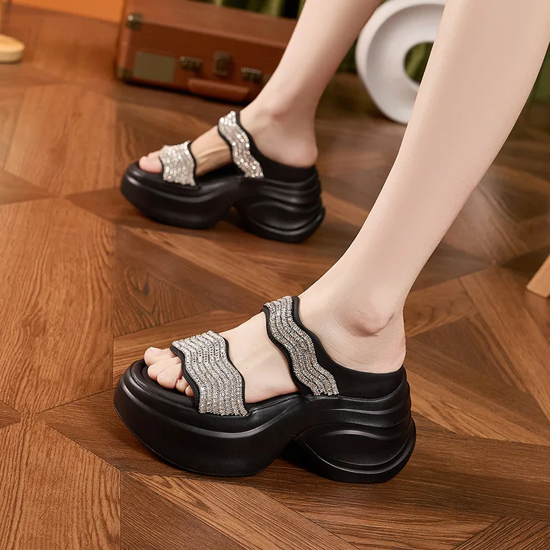 Thick-soled Sandals for Women Summer 2026 New Slip-on Lazy Wear Half Slippers Fashionable Rhinestone Heightening 8CM Sandals