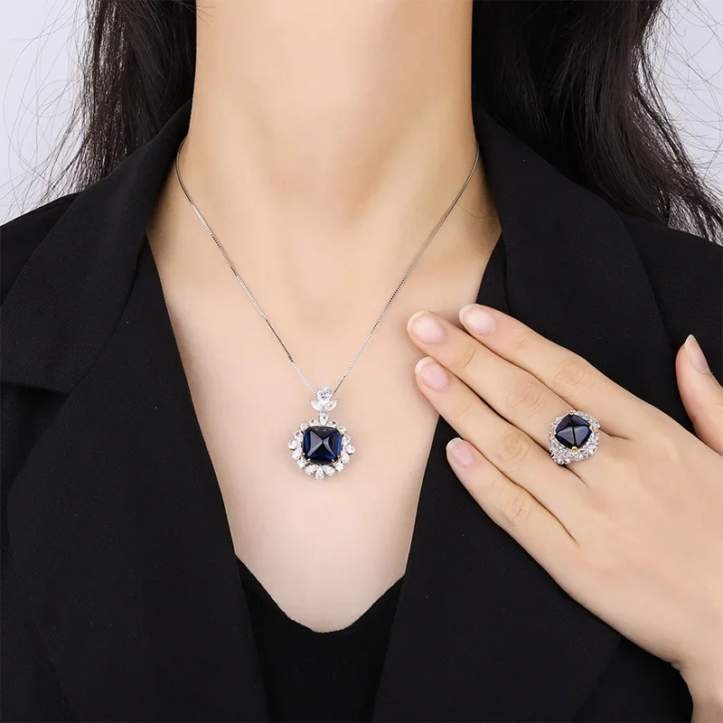 18K Gold Set with PT950 Platinum Colored Sapphire Blue Sugar Tower Heavy Industry Back Cover Pendant Ring Set 14*14-12*1