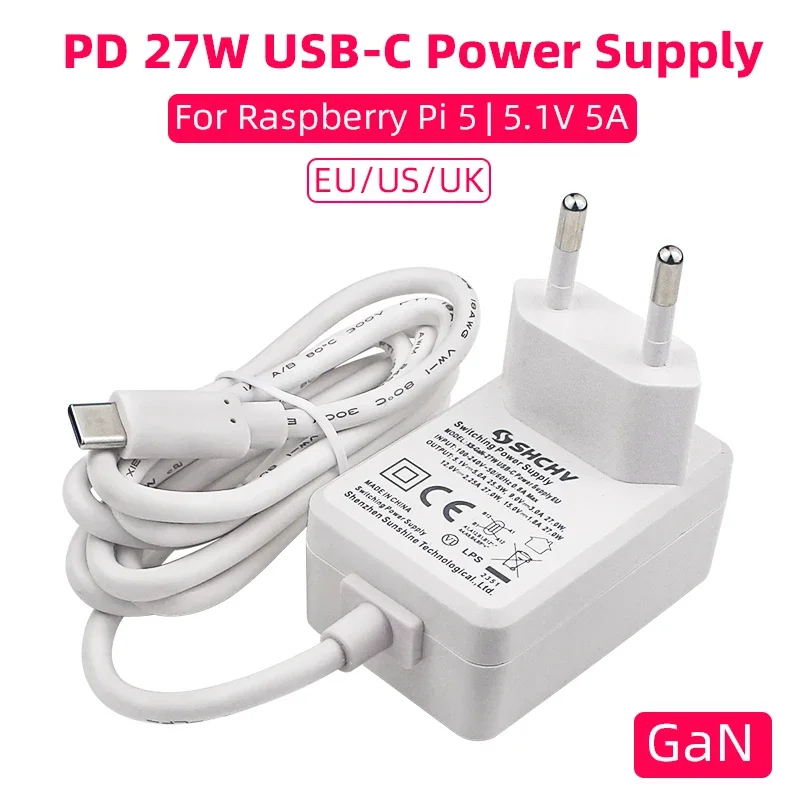 Adaptador de alimentação para Raspberry Pi 5, 5.1V, 5A, PD 27W, USB Tipo C, Gan Charger, UE, EUA, UK Plug, 5, 4B, RPI 5