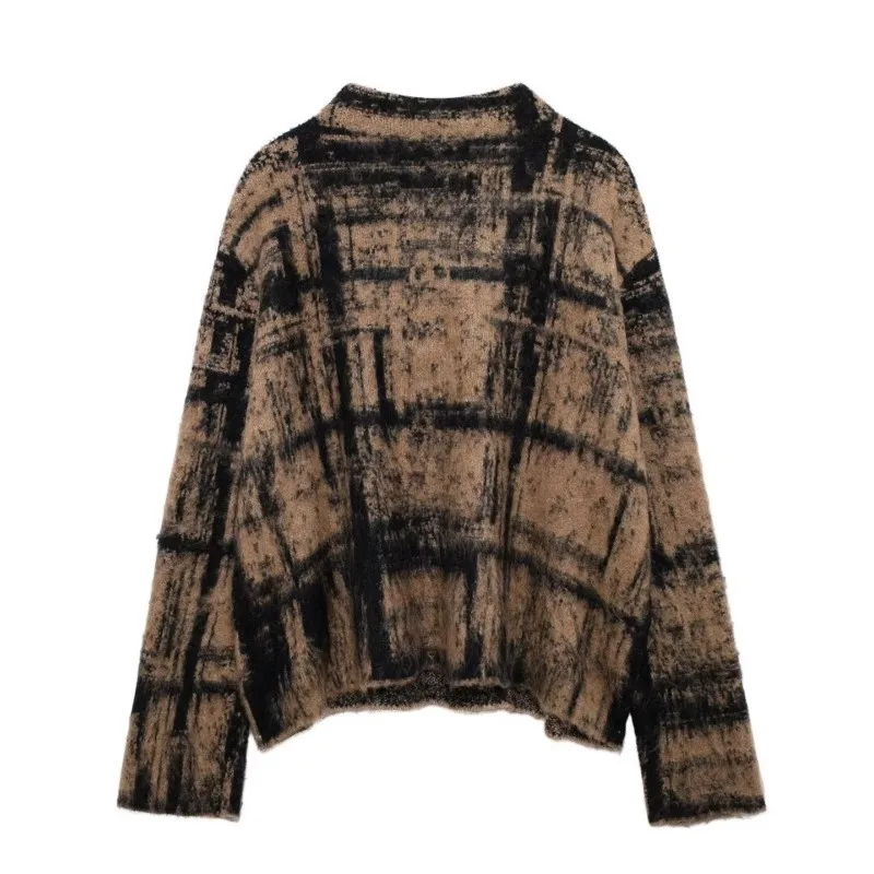 TRAF Women's Plaid Jacquard Pullovers Knitwear Sweater Stand Collar Female Casual Pullovers Christmas Sweater Pullovers