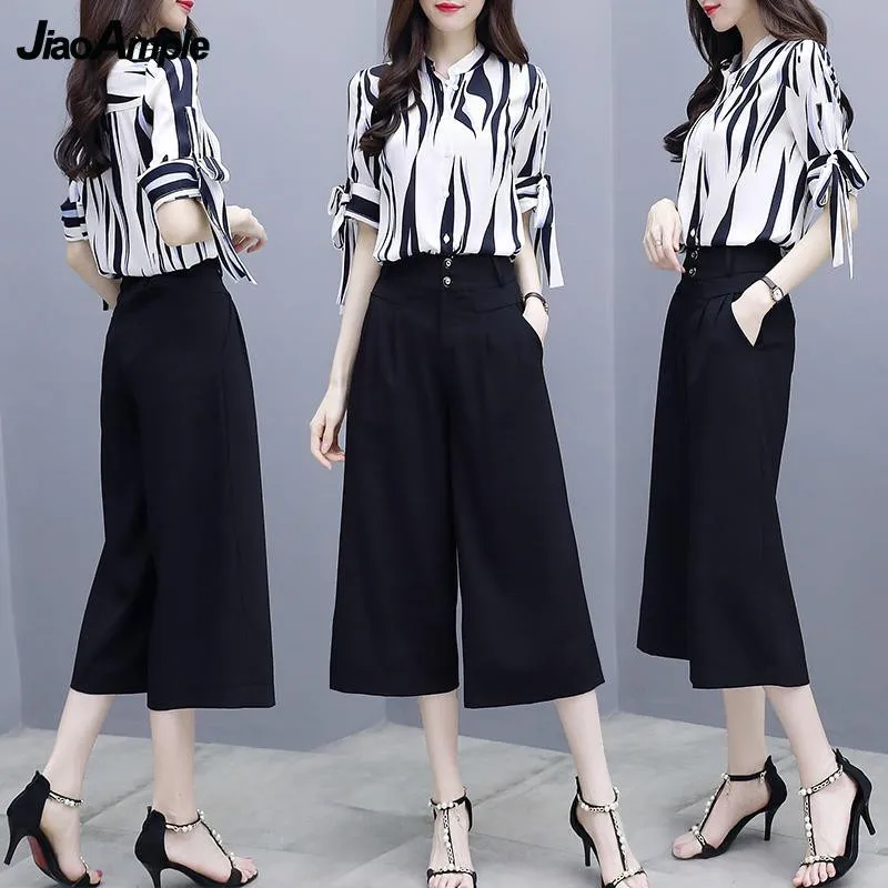 Women's Clothes 2022 Summer Casual Chiffon Shirt + Seven-point Wide Leg Pants Two-Piece Korean Elegant Striped Top Trousers Suit