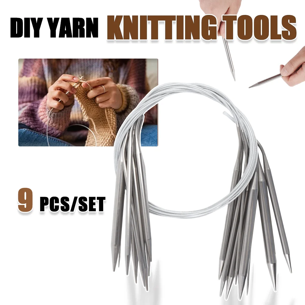 9-teiliges Set aus 80 cm langen, runden Stricknadeln mit 2–10 mm Nadelstärke, Edelstahl, feststehend, für den Heimgebrauch, Strickzubehör und Bastelbedarf