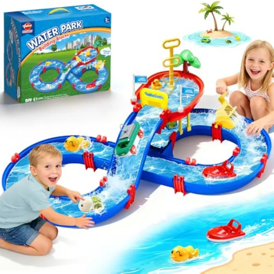 

VATOS 2-Tier Outdoor Water Table Toys for 61PCS DIY Summer Waterways Playset with Pump Toddler Water Park Toys for Pool Backyar