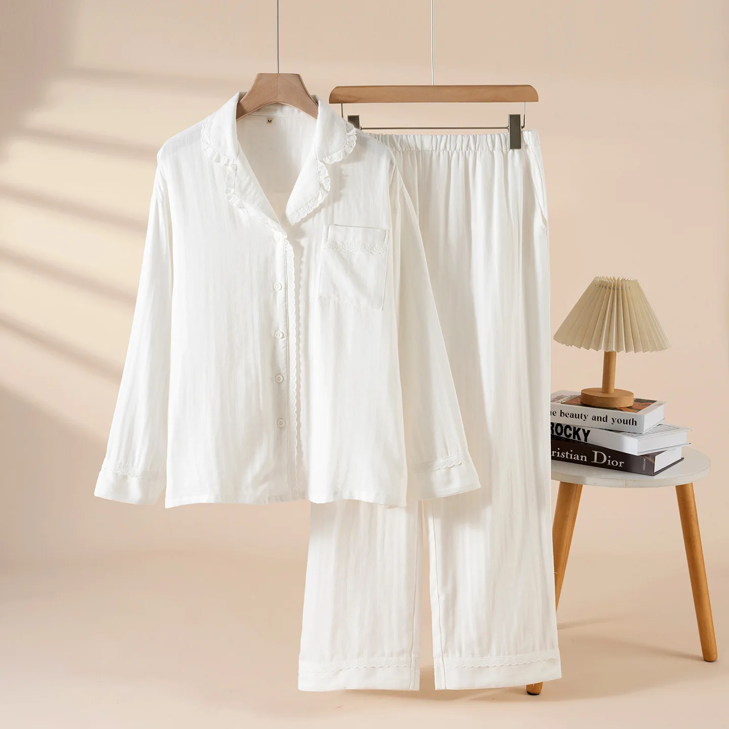 Elegant Simple Cotton Sleepwear Women's Double Layered Sleeve Long Home Clothes Air Conditioning Outwear Comfortable Breathable