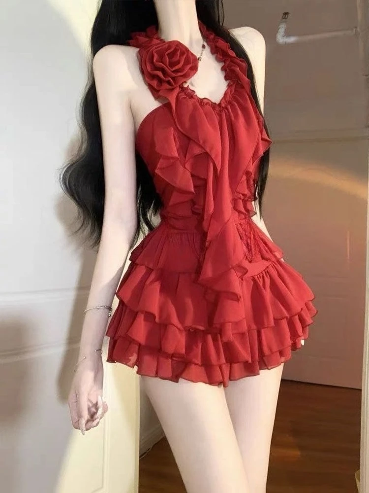 Lolita Sweet Sexy 2 Piece Skirt Sets Y2k 2000s Slim Sleeveless Tops + Kawaii Cake Mini Skirts Evening Party Vintage Suits Chic