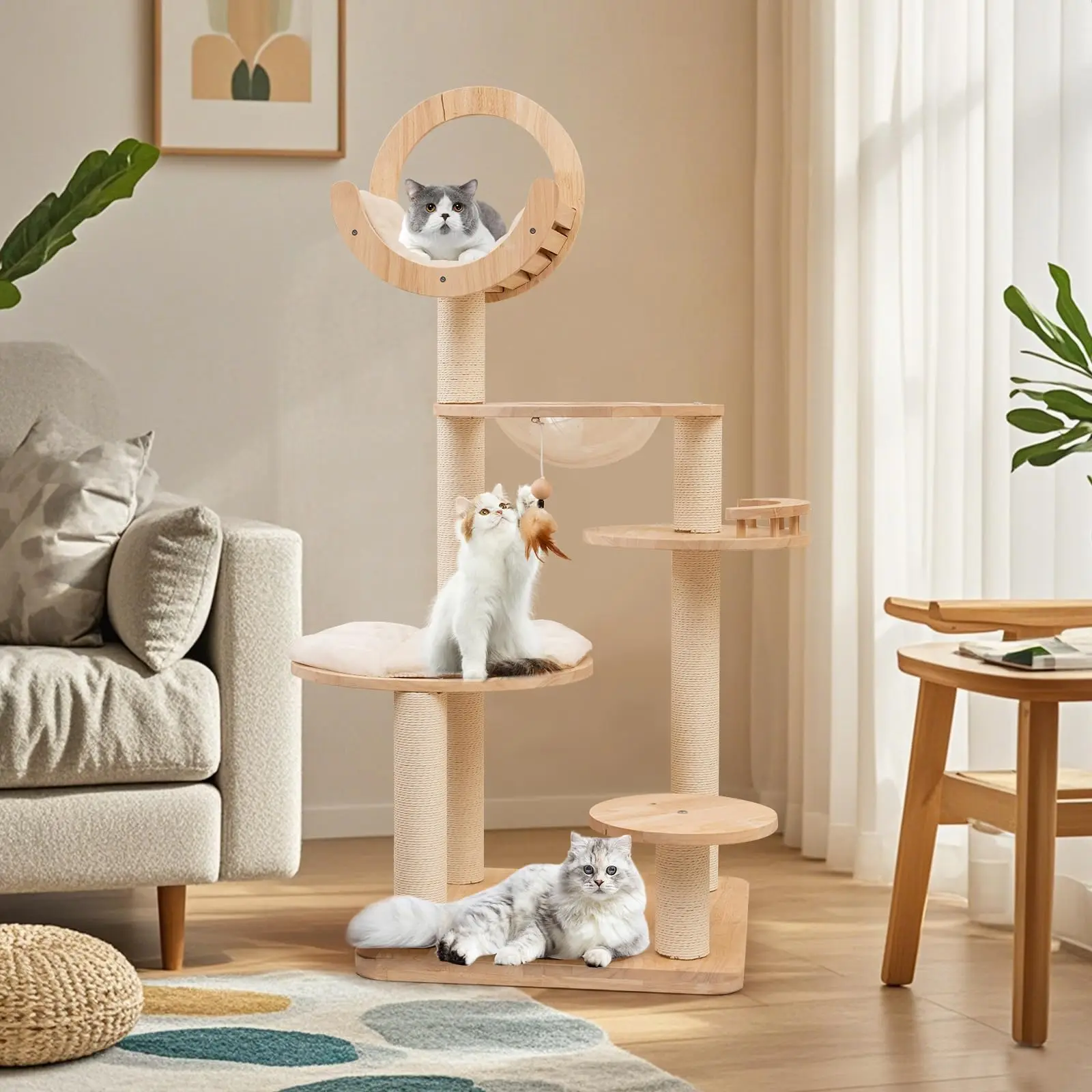 57 Inches Tall Wooden Cat Tree, Multi-Level Cat Tower with Scratching Posts, Space Capsule Bed, Padded Platform and