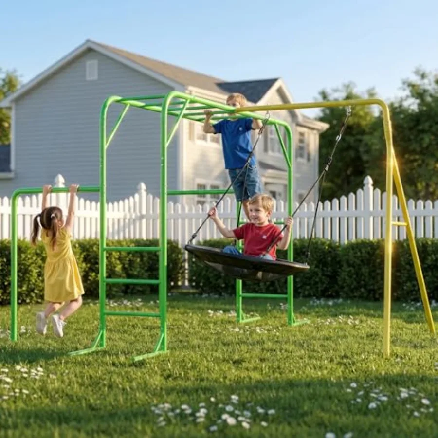 

Monkey Bars Set for Backyard with Climbing Frame & Saucer Tree Swing, Metal Swing Set with Monkey Bars for Kids Age 3 and Up