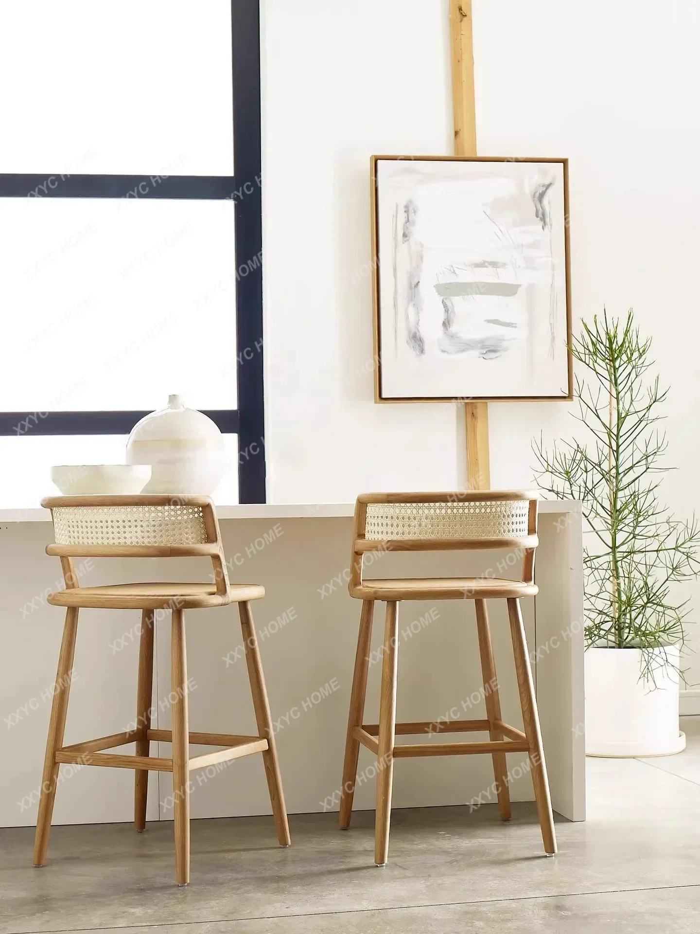 Modern simple solid wood high stool hotel reception rattan bar chair  front desk home bar chair