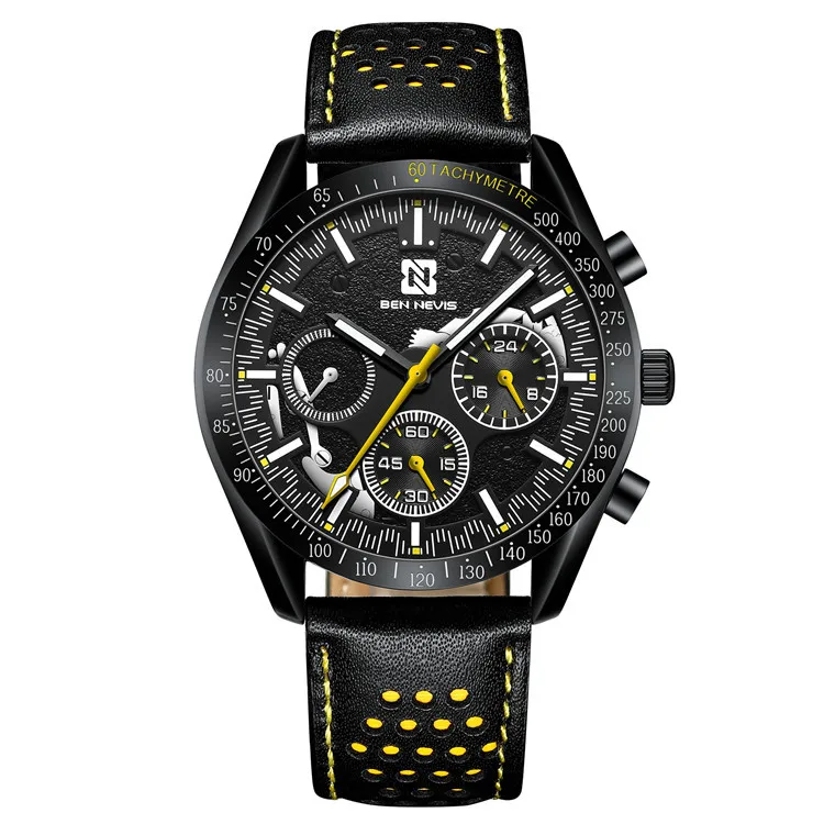 

Mens Luxury Quartz Watch Skeleton Design Multi function Business Casual Leather Strap Wristwatch for Men