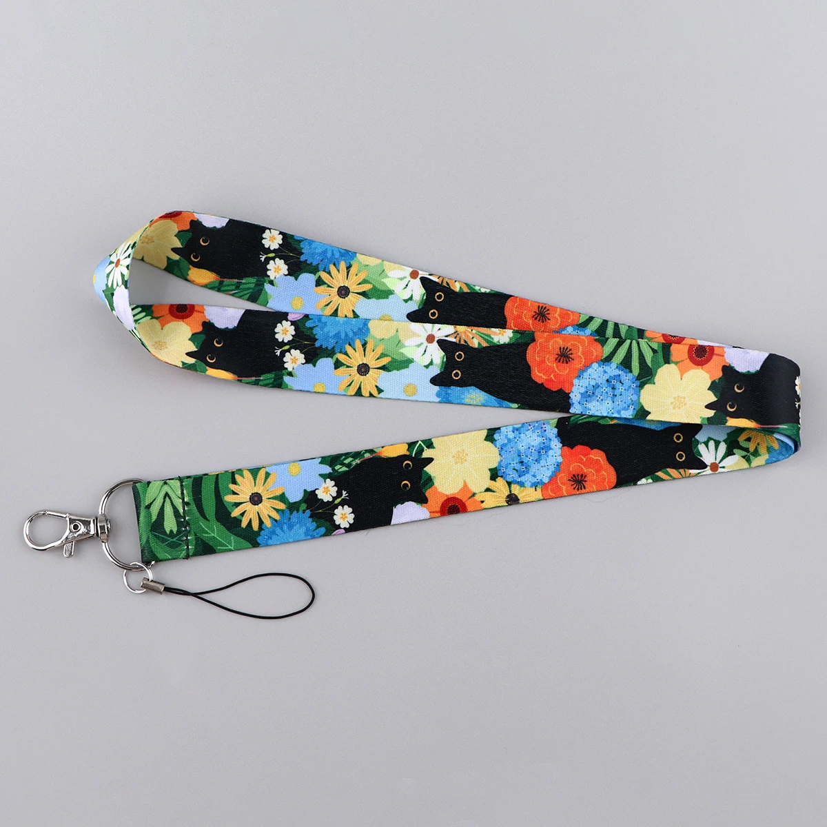 LX1293 Cartoon Black Cat Lanyard Keychain ID Credit Card Cover Pass Phone Charm Neck Straps Badge Holder Key Holder Accessories