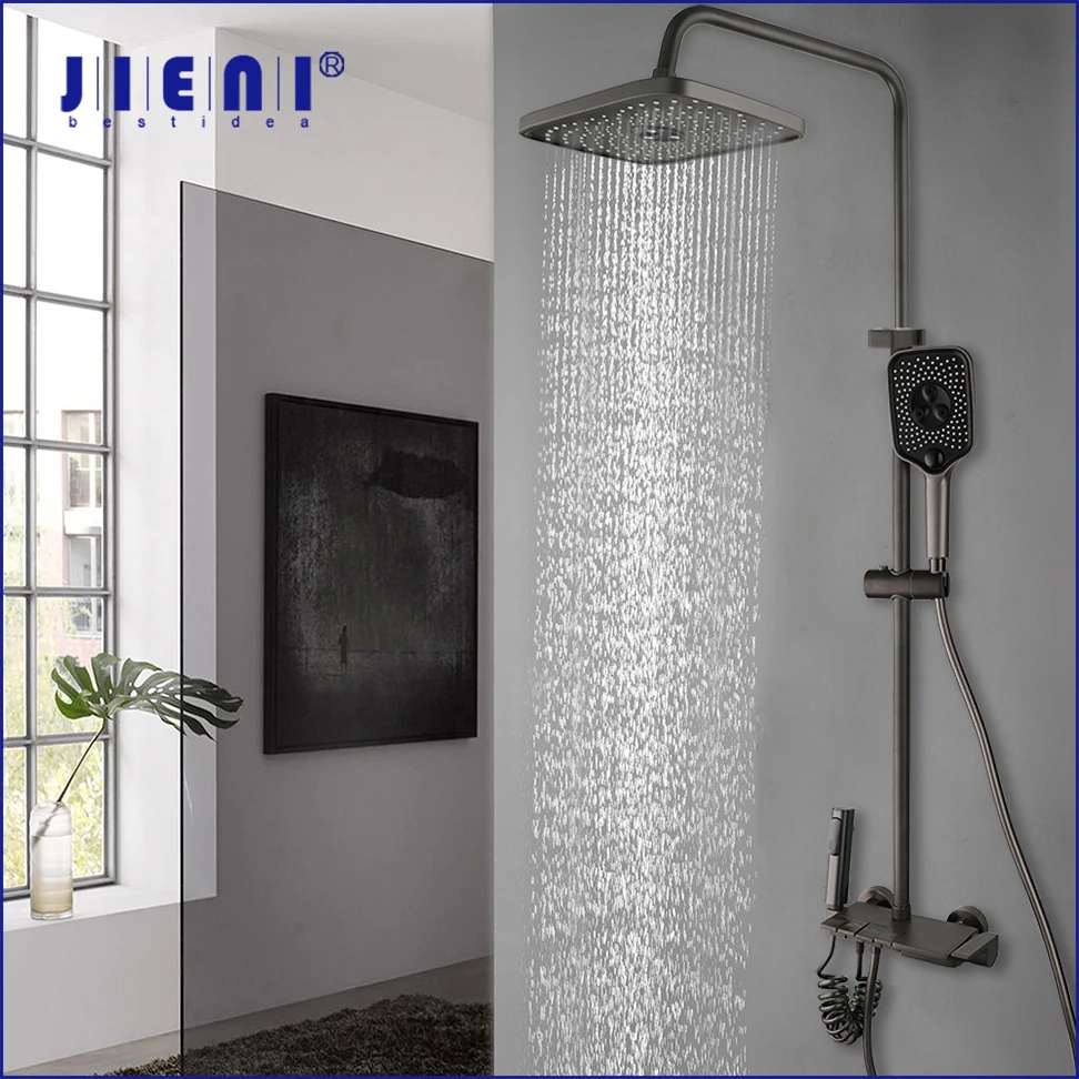 

JIENI Bathroom Square Rainfall Top Spray Shower Set Gun Grey Wall Mounted Four Style Button Control With Bidet Mixer Taps Faucet