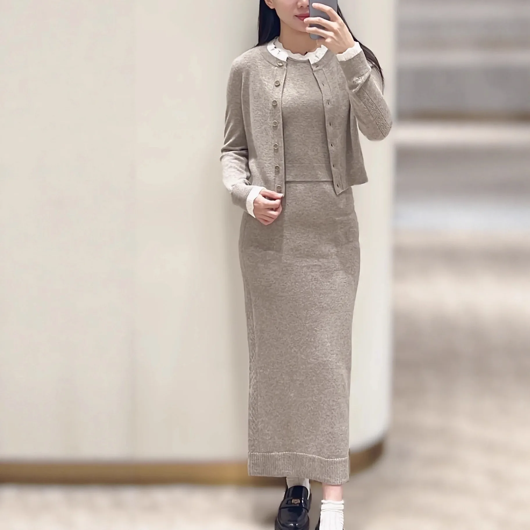 

Fall/Winter Women Lace Trim O-Neck Solid Knit Set Long Sleeve Cardigan + Sleeveless Vest + High Waist Casual Elegant Midi Skirt
