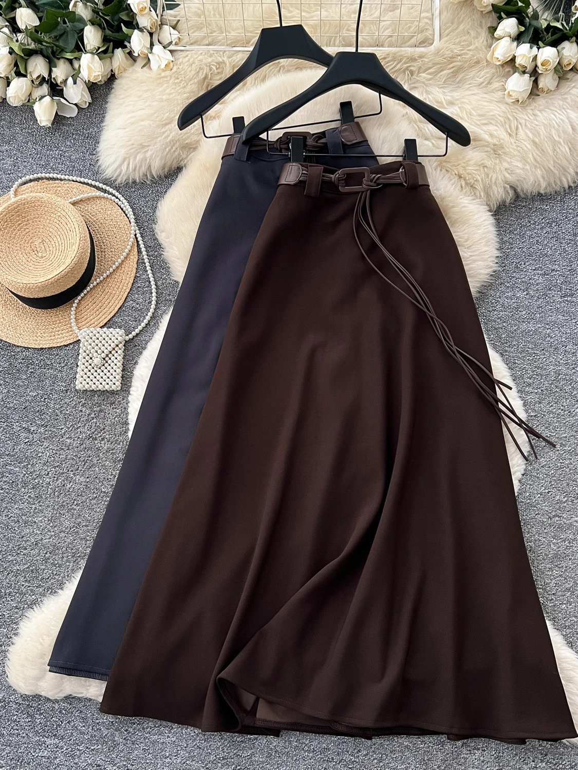Korean Style High Waist A-Line Midi Skirt Women's Commute Slimming Versatile Belted Skirt City Commute Polyester Fiber