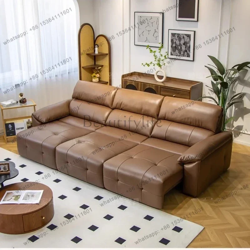 LX Electric sofa bed  living room retractable leather sofa zero against the wall multi-functional adjustable first layer cowhidS