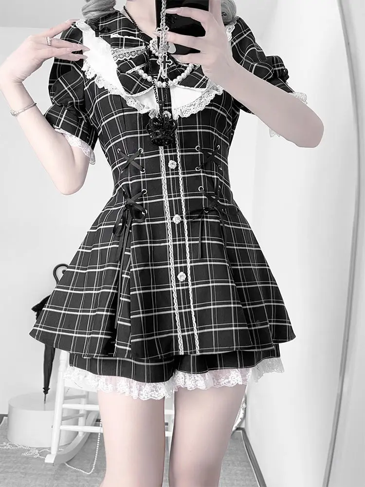 

Summer New Japanese Sweet Lolita 2 Piece Set Women Y2k Gothic Plaid Shirt Dress + Cute Slim Short Elegant Party Dress Suits New
