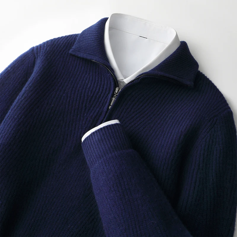 100%wool knitted sweater men's solid color half zipper thick winter fashion commuting style long sleeve knitted pullover sweater