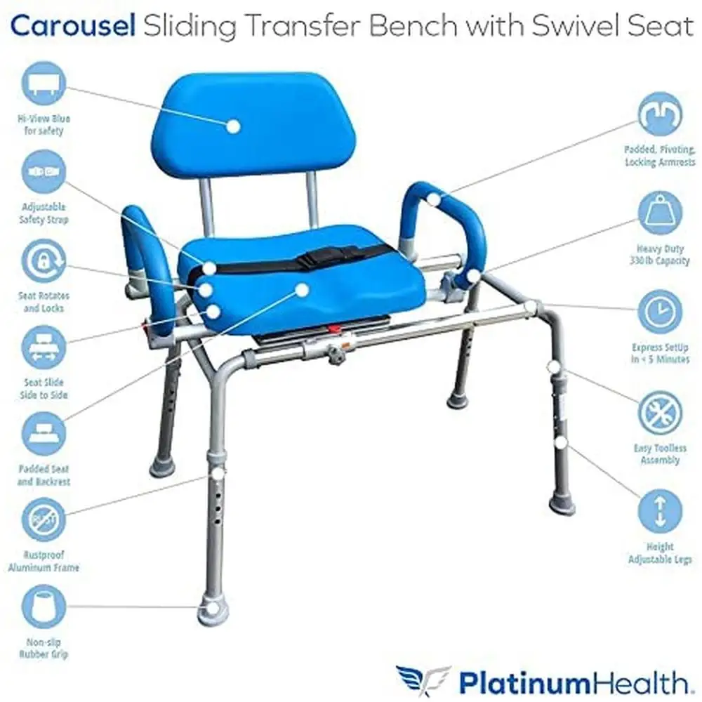 Silla de ducha giratoria Banco de transferencia para bañera Asiento acolchado Brazos Diseño ajustable que ahorra espacio Reposabrazos robustos HI-VIEW Color AZUL