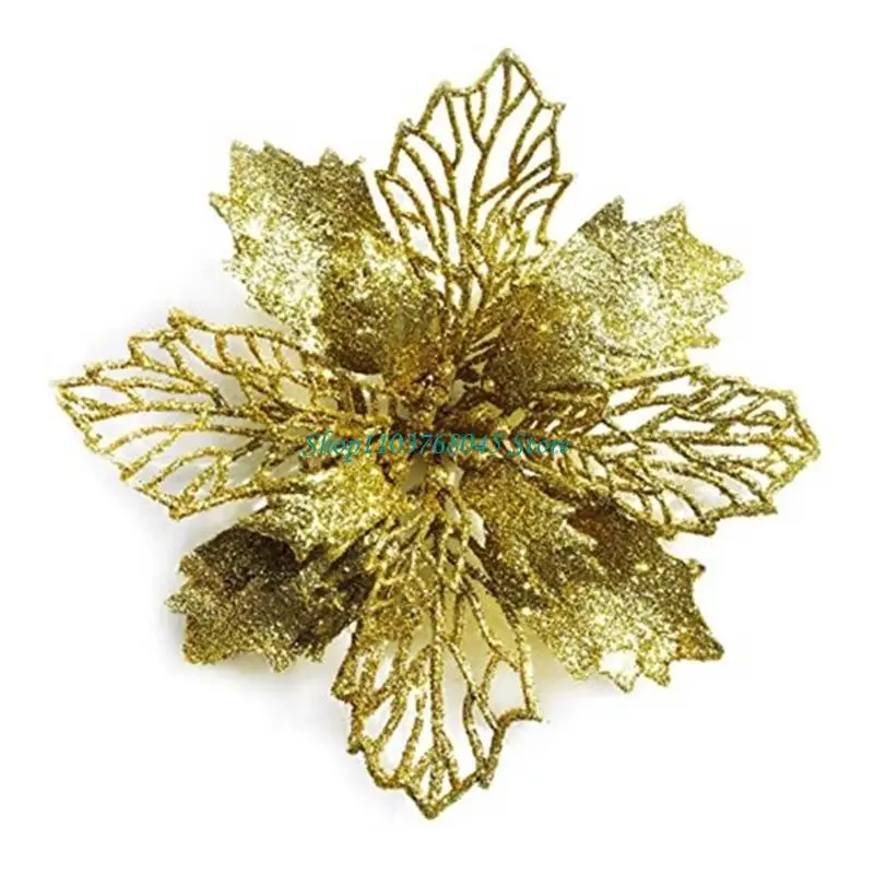 R53F 11cm Christmas Glitter Poinsettia Flower Decorative Xmas Tree Flowers for Wreath