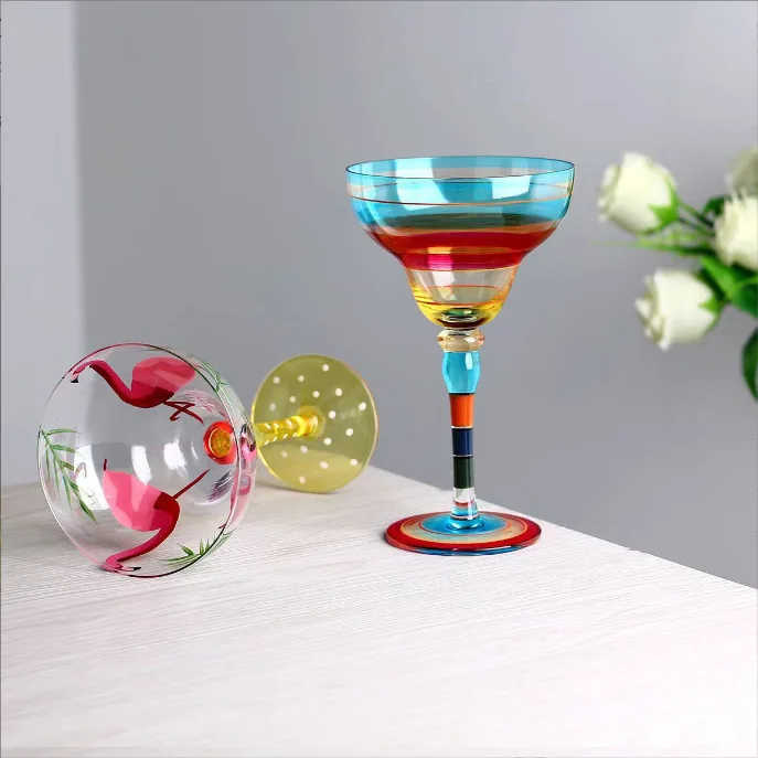 แก้วค็อกเทลถ้วยมือวาด Margarita Goblet แก้วไวน์ Creative Flamingo แก้วไวน์สีแดงลายถ้วยไวน์แดงถ้วยน้ํา