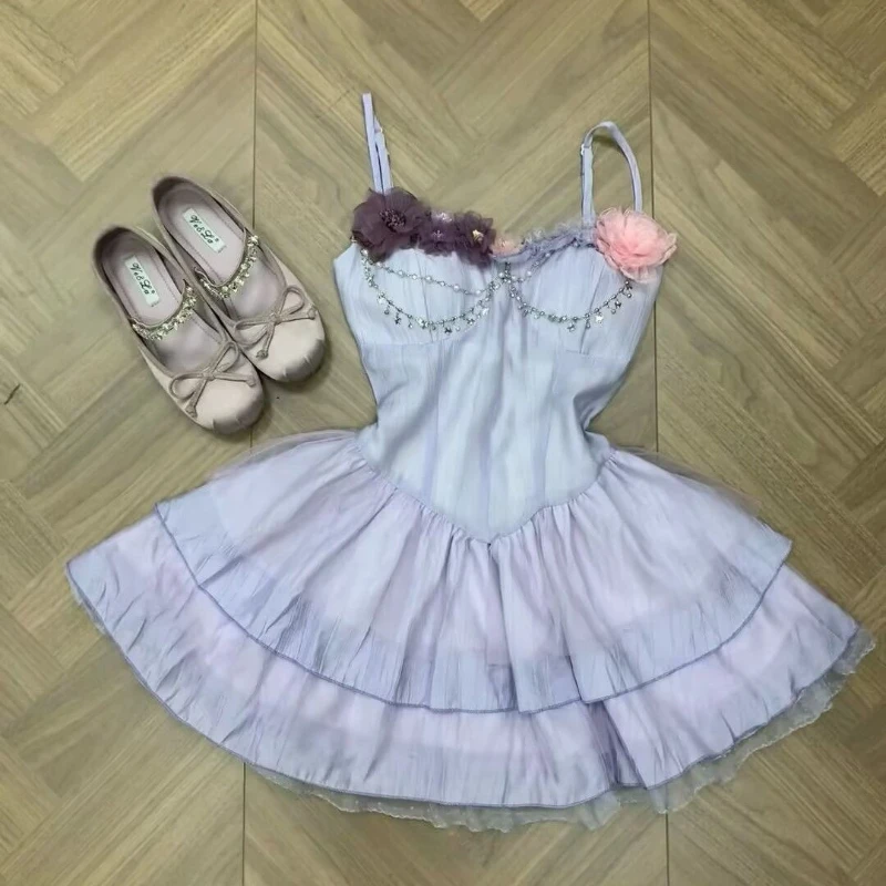 Sommer Süße Lolita Ballerina Dünnes Kleid Frauen Lila Patchwork Abend Prom Kuchen Kleider Chic Geburtstag Prinzessin Outfits 2025