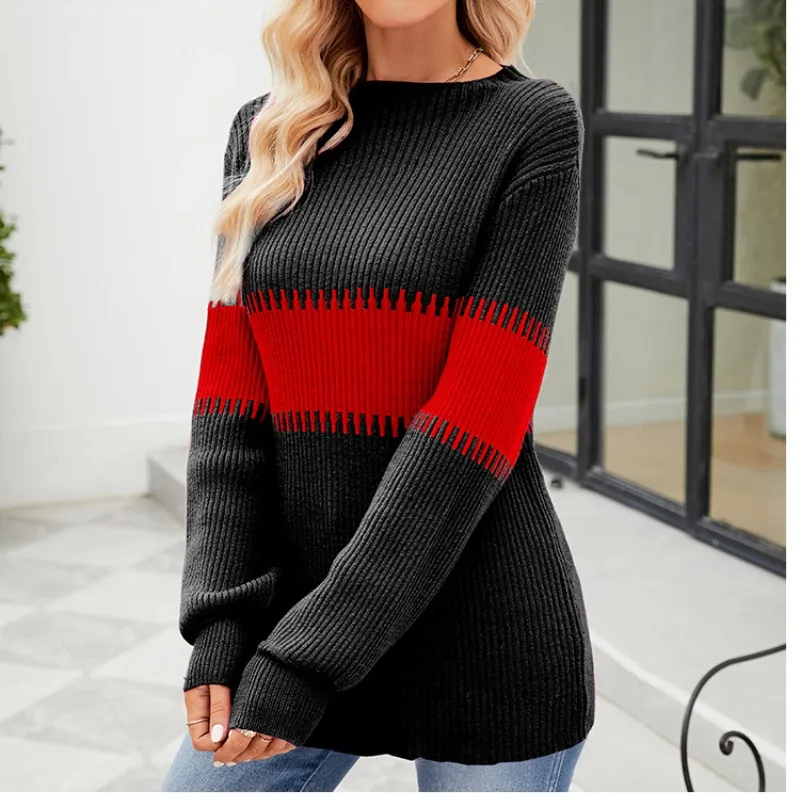 Autumn and Winter Women's Pullover Half High Collar Contrast Screw Thread Patchwork Long Sleeve Sweater Knitted Bottom Tops