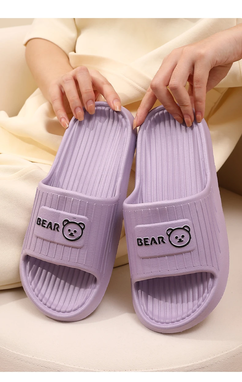 Cute Bear Summer Slippers Women Men Soft EVA Thick Platform Slides Non-Slip Quick-Drying Bathroom Shower Shoes Indoor Home Mule