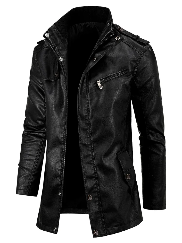 Men Long Coat Men Autumn Fashion Long Warm Pocket Leather Jacket Men Winter Casual England Style Vintage Leather Jacket Parkas