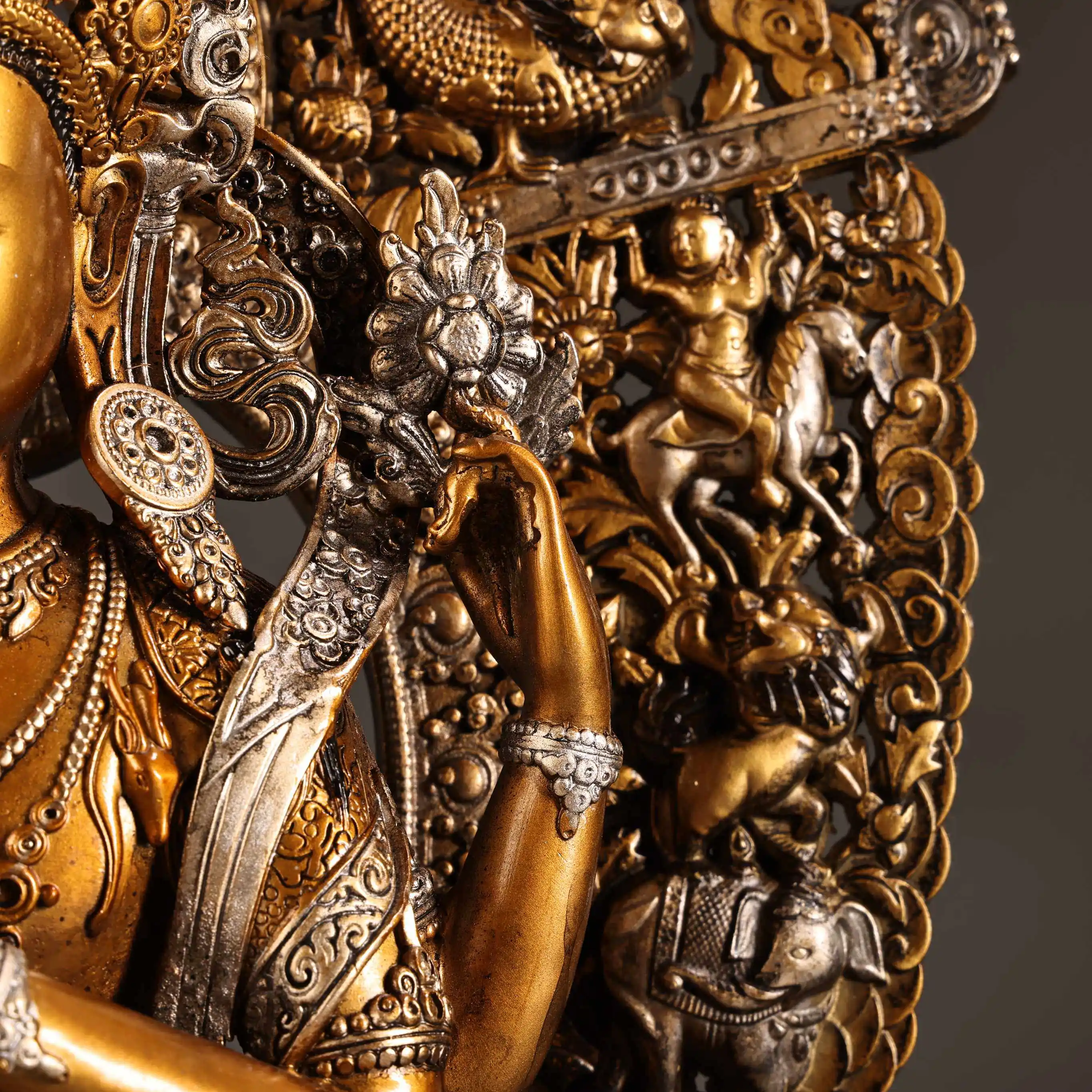 Tibetan Old Copper Gold Silver Tracing Four-Armed Guanyin Statue Serene Face Heavy Patina Fine Craft