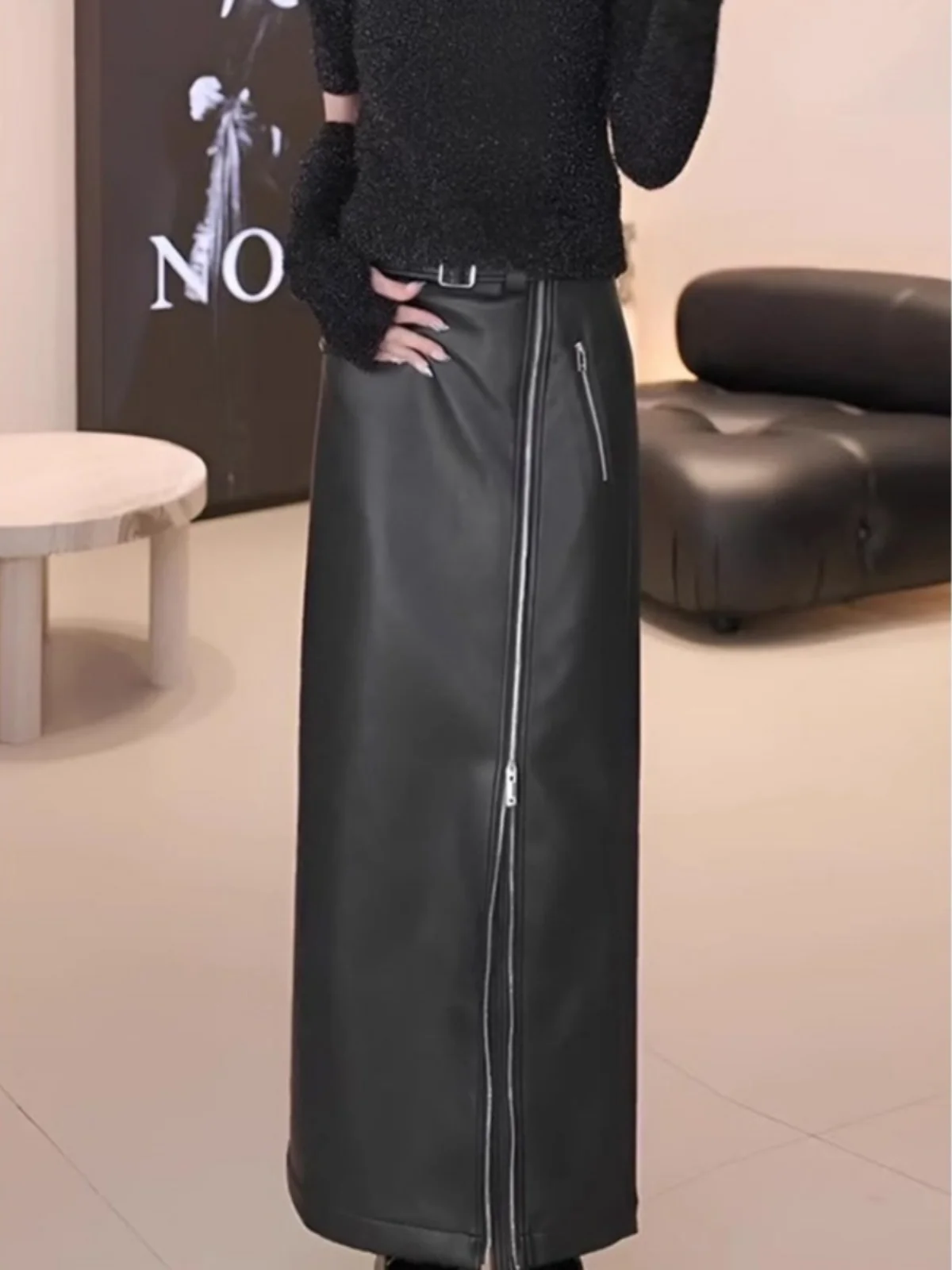 

Slimming High Waist Long PU Leather One Step Skirt Women's Faionable Versatile Autumn Winter A-Line Dr Skirt